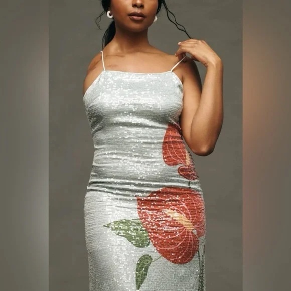 Anthropologie Farm Rio Sequin Blue Anthurium Flowers Midi Slip Dress - Picture 2 of 6